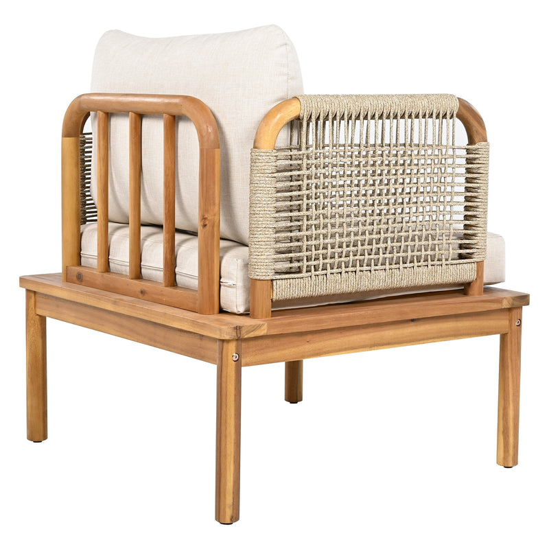 Outdoor 5-Piece Acacia Wood Patio Sofa Set with Rope Weave - Teak & Beige