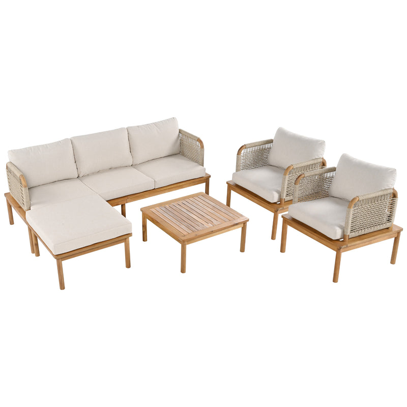 Outdoor 5-Piece Acacia Wood Patio Sofa Set with Rope Weave - Teak & Beige
