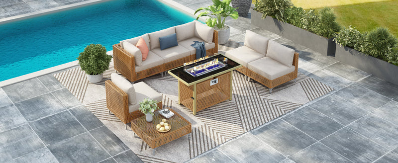 K&K 8-Piece Patio Furniture Set with Fire Pit Table