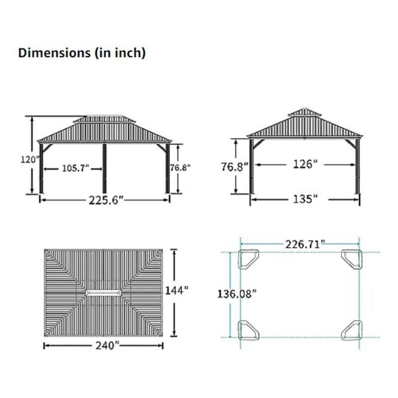 [12X20FT] Alora Heavy-Duty Outdoor Backyard Hardtop Gazebo With Netting And Curtains (SAK18352)