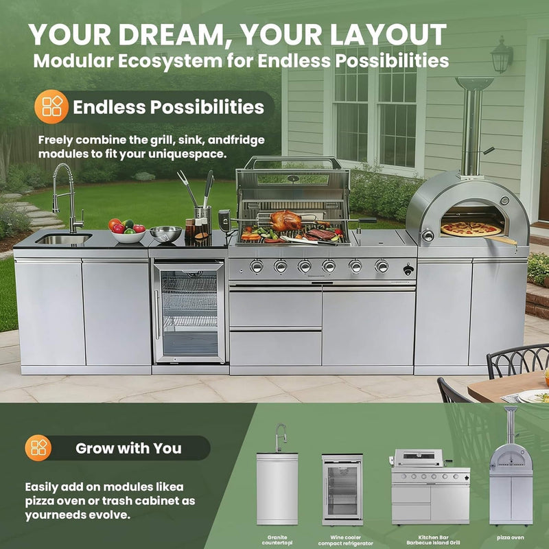 Blazon 125-Inch 4-Burner 108K BTU Outdoor Kitchen Island With Pizza Oven, Rotisserie & Refrigerator (SAK55768)