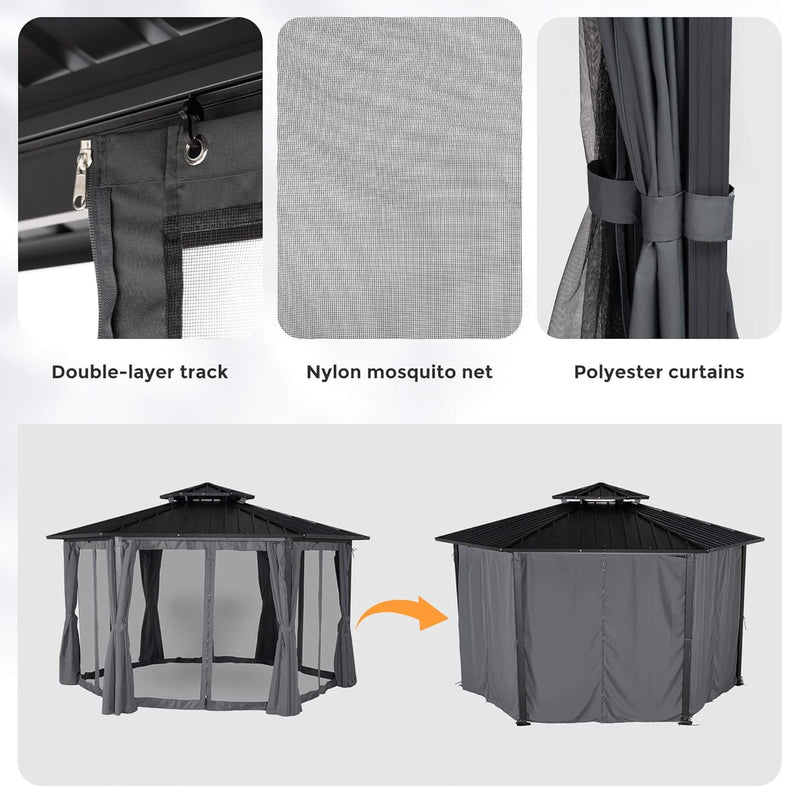 [13X15FT] Alora Hardtop Hexagonal Gazebo With Curtains And Netting [No Furniture] (SAK60713)