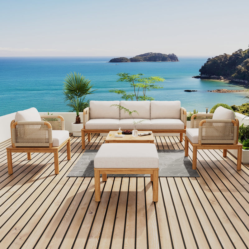 Outdoor 5-Piece Acacia Wood Patio Sofa Set with Rope Weave - Teak & Beige