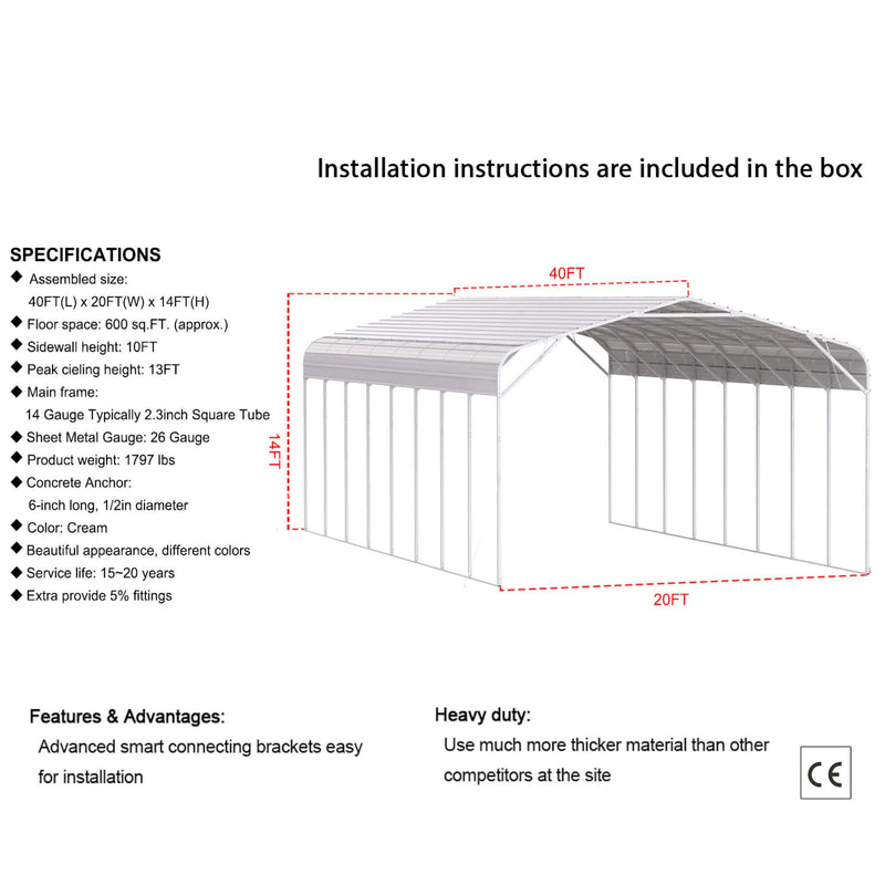 [20X40FT] Alora Heavy-Duty Outdoor High-Clearance Metal Carport (SAK67509)