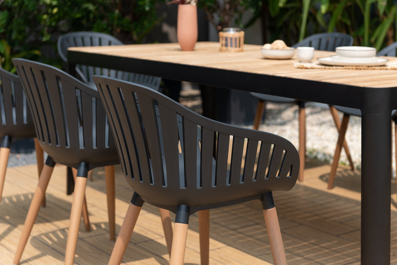 Portals Dark Rectangular Teak Table and 8 Nassau Black Dining Set