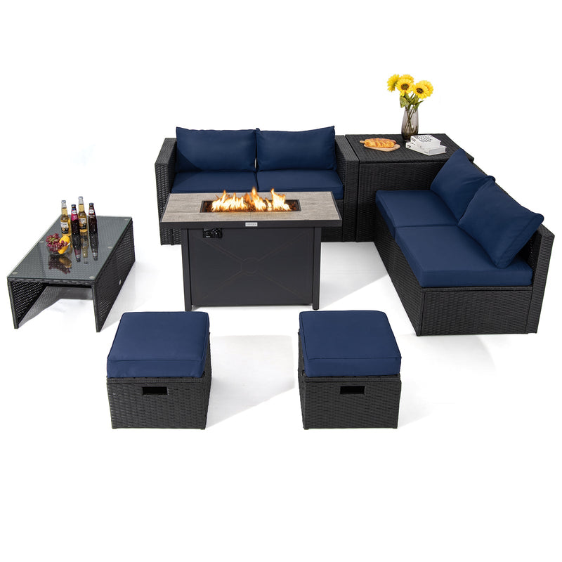 9 Pieces Outdoor PE Rattan Wicker Sectional Sofa with 42 Inch 60 000 BTU Gas Fire Pit Table-Navy