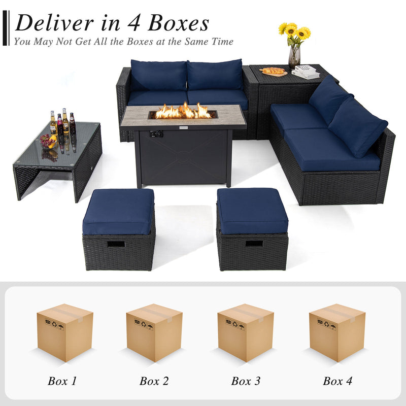 9 Pieces Outdoor PE Rattan Wicker Sectional Sofa with 42 Inch 60 000 BTU Gas Fire Pit Table-Navy