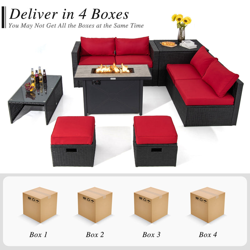 9 Pieces Outdoor PE Rattan Wicker Sectional Sofa with 42 Inch 60 000 BTU Gas Fire Pit Table-Red