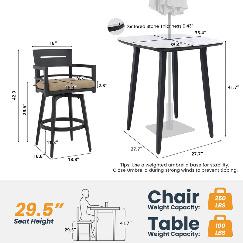 5 Pieces Outdoor Patio Bar Set, Rounded Square Sintered Stone Table & 4 Swivel Bar Chairs