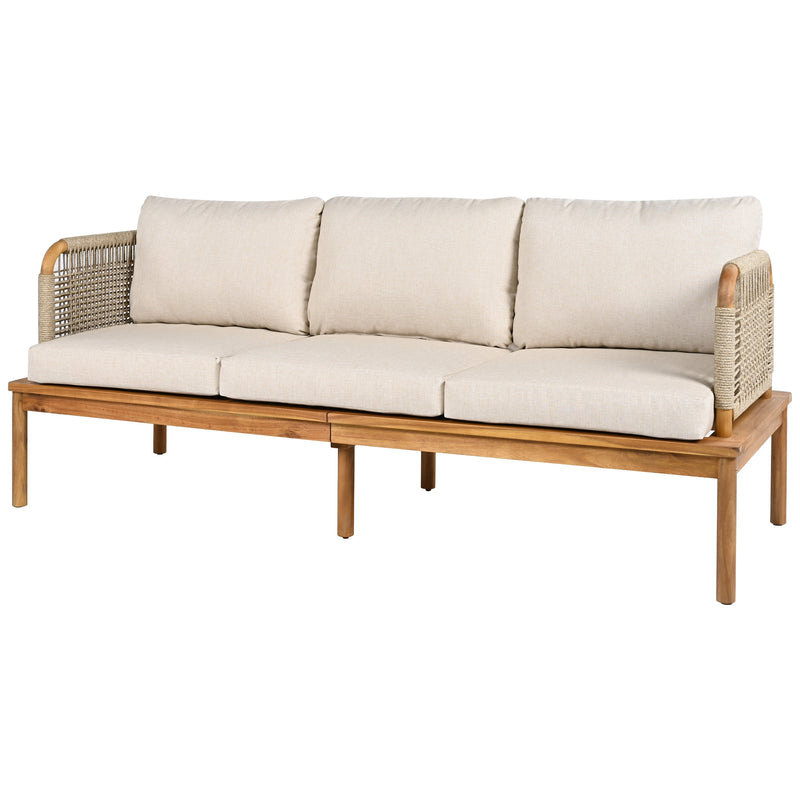 Outdoor 5-Piece Acacia Wood Patio Sofa Set with Rope Weave - Teak & Beige