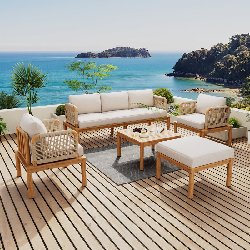Outdoor 5-Piece Acacia Wood Patio Sofa Set with Rope Weave - Teak & Beige
