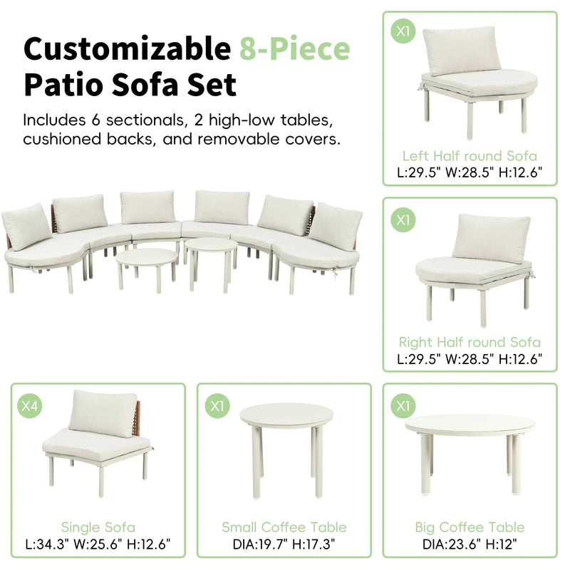 8-Piece Patio Sofa Furniture Set, Half Moon Outdoor Sectional Sofa