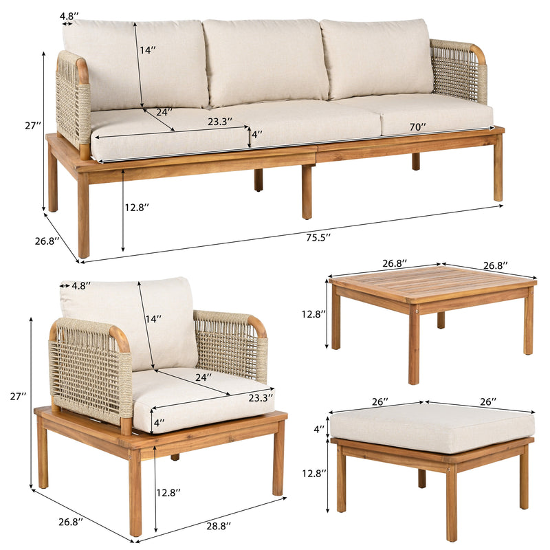 Outdoor 5-Piece Acacia Wood Patio Sofa Set with Rope Weave - Teak & Beige