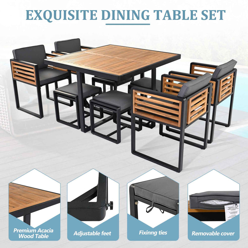 9-Pieces Acacia Wood Patio Dining Set, Space Saving Outdoor Patio Set,