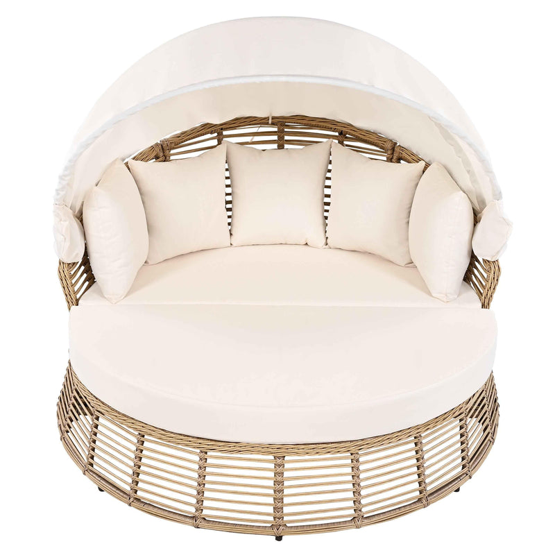 Outdoor Patio Rattan Round Daybed with Retractable Canopy, Wicker