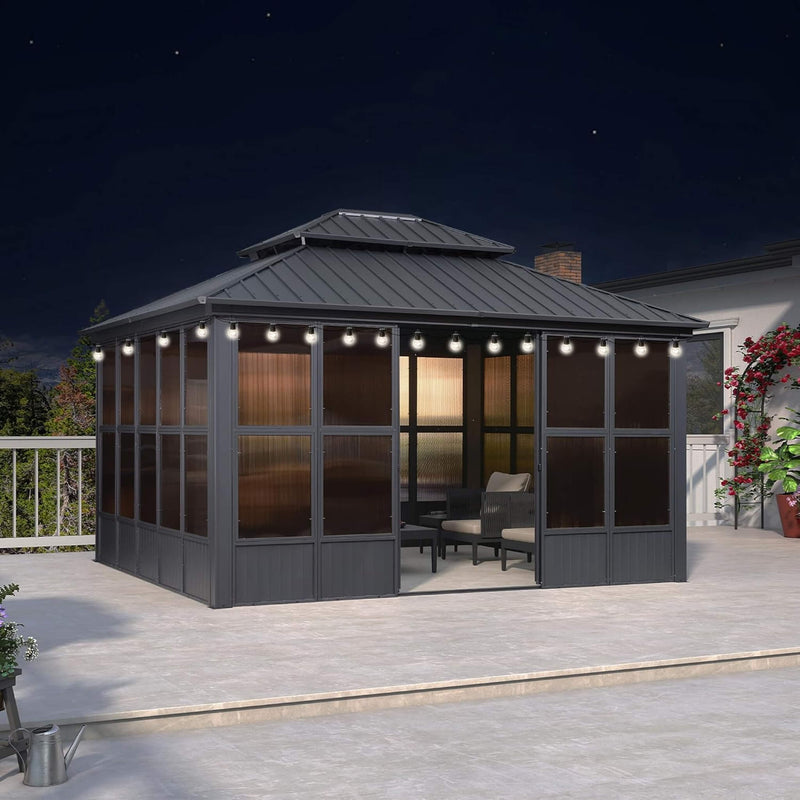 Alora Vista Outdoor Hardtop Aluminum Solarium With Double Roof And LED Lights (SAK42086)